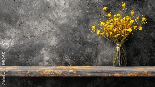   A vase, brimming with sunlit yellow blooms, rests atop a weathered wooden table Nearby, a drab gray wall reveals patches of peeling paint photo