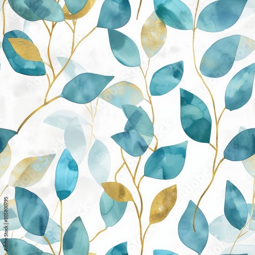 Watercolor leaves seamless pattern in Green and Gold tones On white background . 