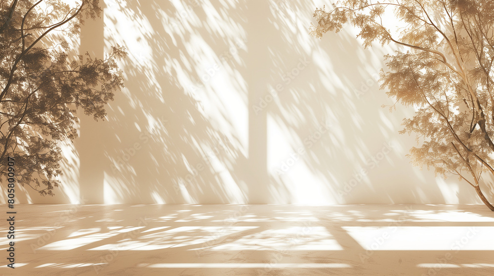 Naklejka premium Serene beige background with delicate leaf shadows. Empty copy space for product presentation. Generative AI