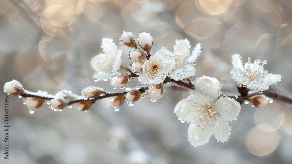   A branch with water droplets, closely framed; trees in the background softly blurred