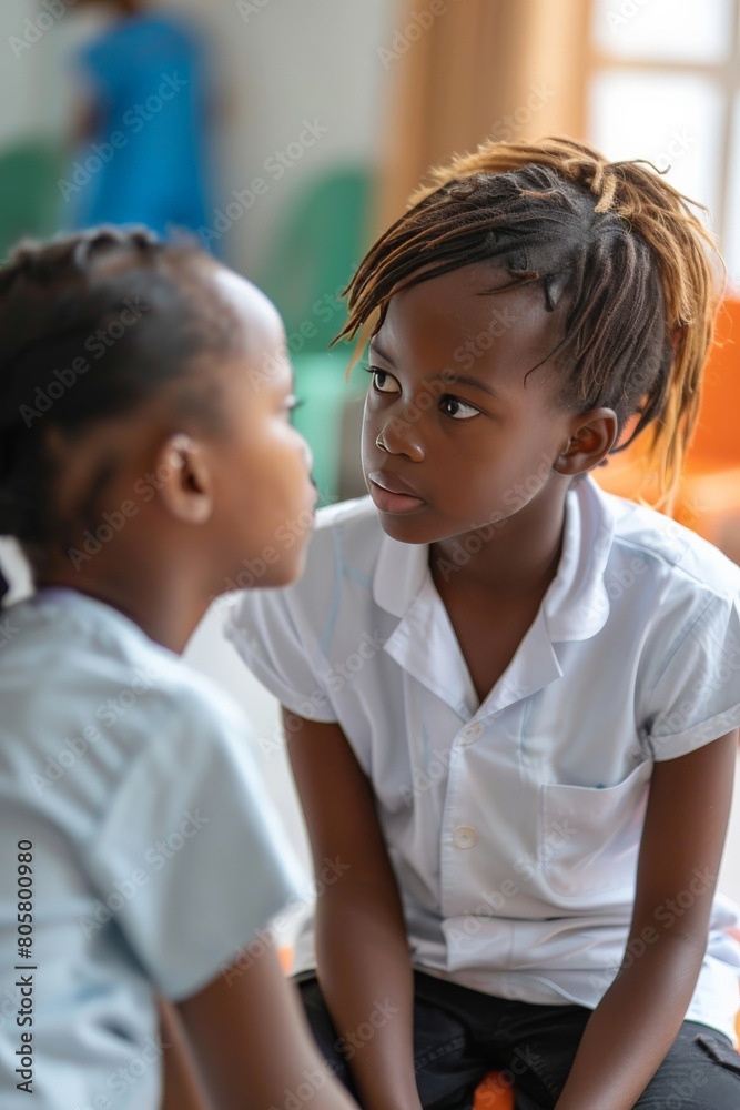 A health professional gently talking to a child, showing warmth and care amidst signs of distress A health professional gently talking to a child, showing warmth and care amidst signs of distress