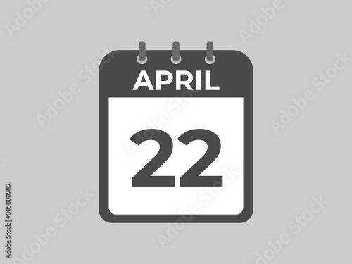 April 22 calendar reminder. 22 April daily calendar icon template. Calendar 22 April icon Design template. Vector illustration
