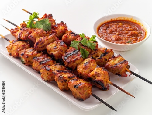 Indonesian satay ayam with peanut sauce on grilled skewers 