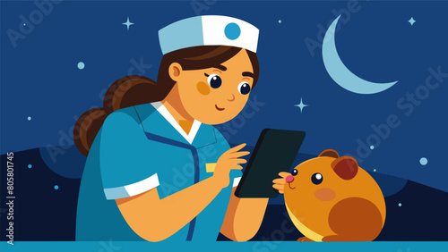 A nurse on a night shift taking a moment to check on their shy guinea pig through a pet camera on their phone.. Vector illustration