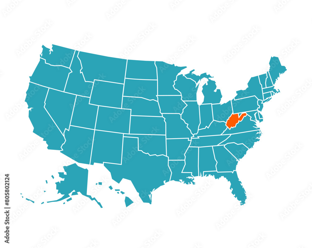 USA vector map with West Virginia map prominent.
