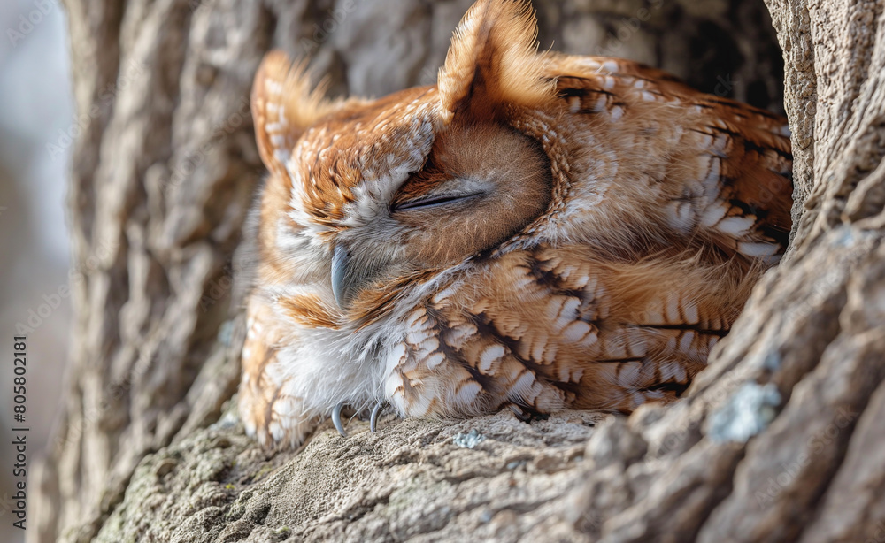 Peaceful Young Owl Asleep in Nature: Close-Up Peaceful Young Owl Asleep in Nature: Close-Up