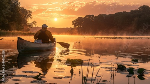A scientist in a canoe collecting aquatic plants from a lake  with the sunrise creating a serene backdrop