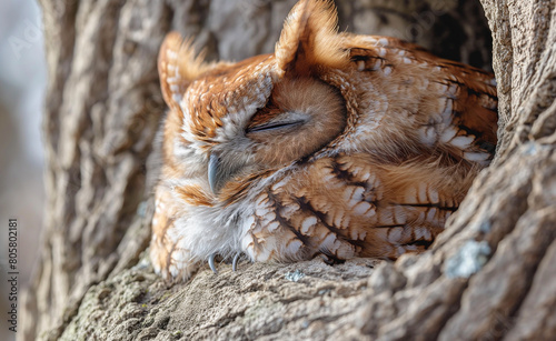 Peaceful Young Owl Asleep in Nature  Close-Up