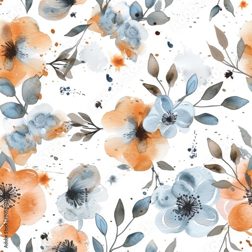 seamless pattern watercolor blue and orange flowers on white background. 