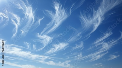 color photo of a picturesque sky adorned with wispy clouds, their delicate and intricate patterns creating a sense of movement and fluidity,