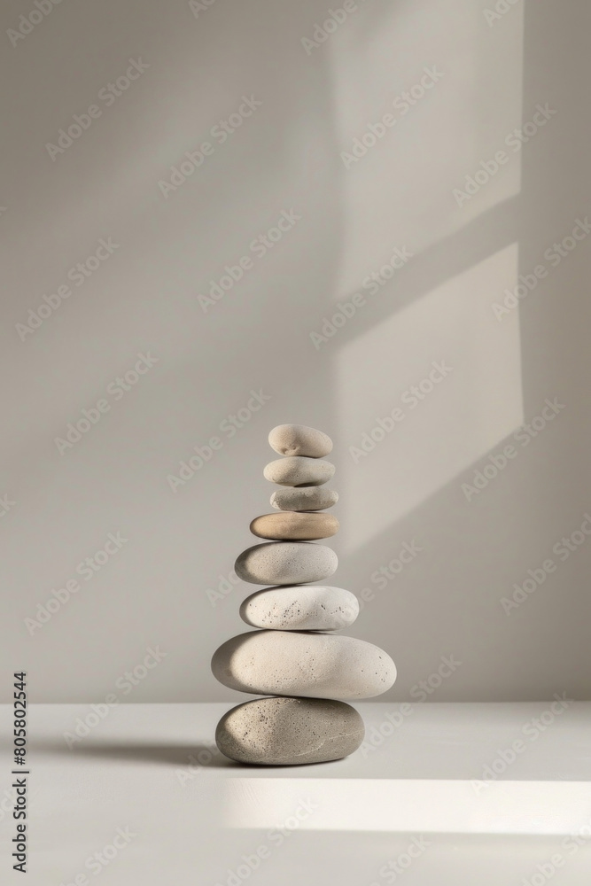 Fototapeta premium A minimalist still life featuring a stack of pebbles arranged in a cairn, with their smooth surfaces and balanced shapes creating a mesmerizing minimalist composition.