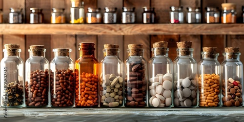 Healthcare products in glass bottles pills supplements vitamins medicine herbal remedies. Concept Glass Bottles, Pills, Supplements, Vitamins, Medicine © Ян Заболотний