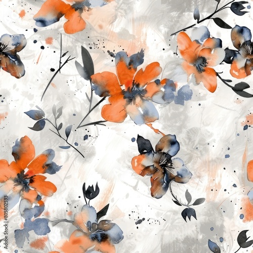 seamless pattern watercolor blue and orange flowers on white background. 
