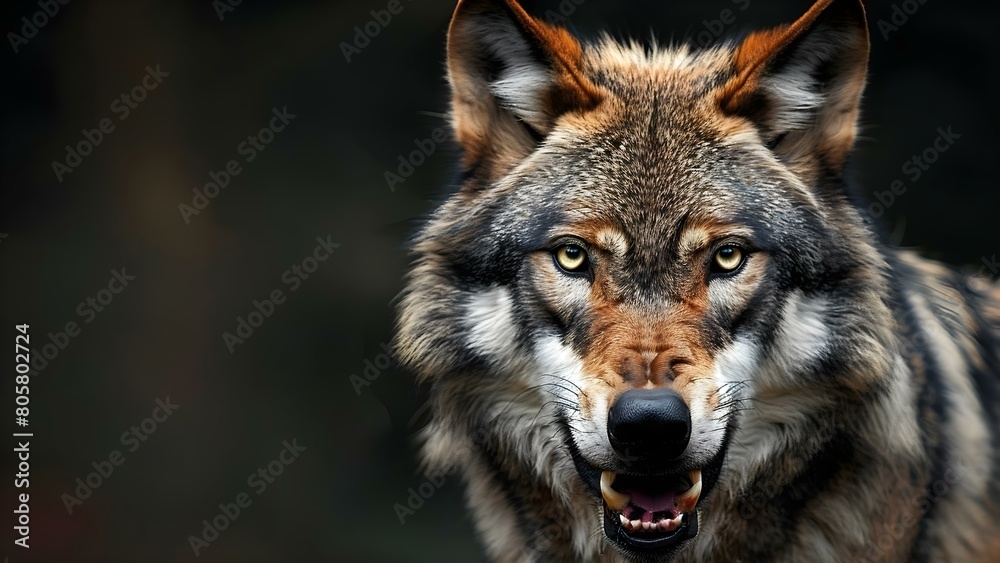 Fierce wolf staring at the camera with open mouth on isolated background. Concept Wildlife Photography, Predator Portrait, Animal Close-Up, Intense Expression, Nature in Focus