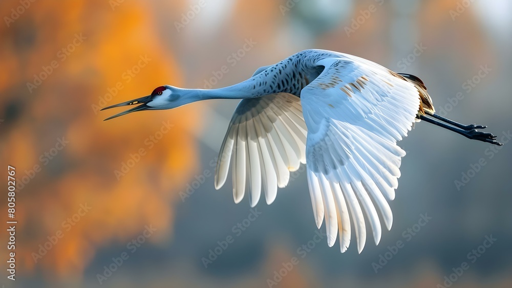 Fototapeta premium Endangered whooping crane birds with distinctive calls in North America flying. Concept Wildlife Conservation, Endangered Species, North American Birds, Unique Bird Calls