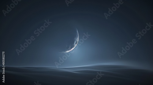  A crescent-shaped object lies on a body of water's surface Above, the moon graces the night sky, perfectly circular and in its crescent phase