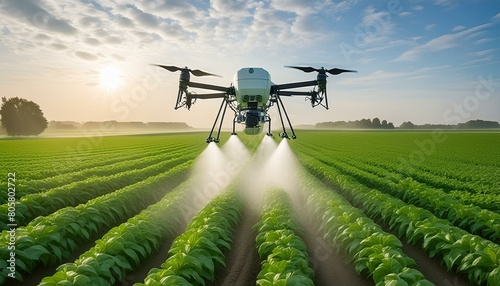 スマート農場ドローンは、緑のフィールド上にスプレー散布飛行、農業の近代的な技術。 photo