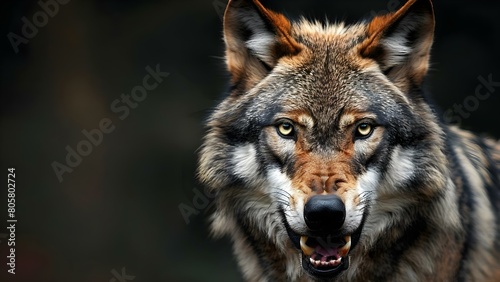 Fierce wolf staring at the camera with open mouth on isolated background. Concept Wildlife Photography, Predator Portrait, Animal Close-Up, Intense Expression, Nature in Focus © Anastasiia