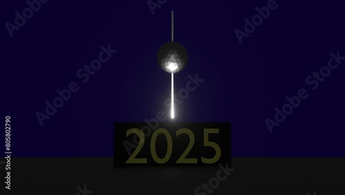 3D render of 2025 ball drop with 2025 illuminated and shining on a reflective surface. Dark blue background	