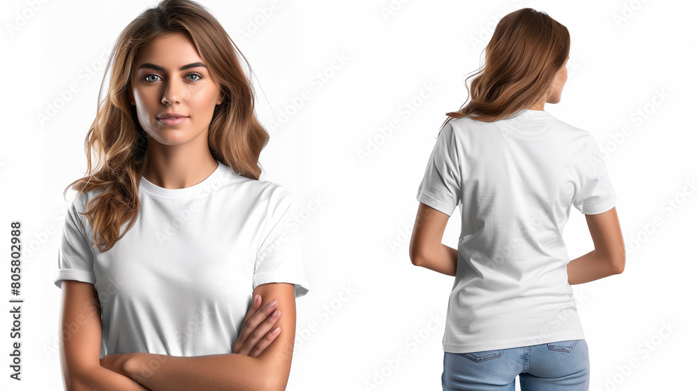 A beautiful woman wearing a white t-shirt on the front and back, Ai generated Images A beautiful woman wearing a white t-shirt on the front and back, Ai generated Images
