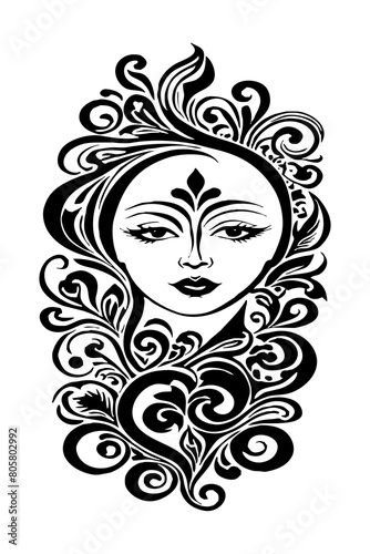 Fictional female character. Black and white pattern. For use on tattoos  posters  textiles and T-shirt prints. Generated by Ai