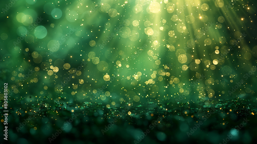 Abstract bokeh lights glittering green colors blur background. 