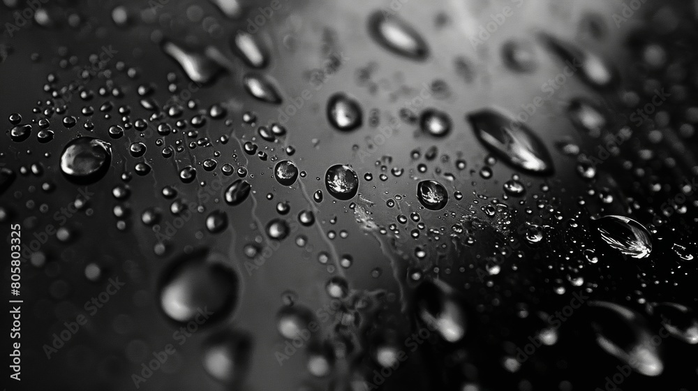 A closeup of raindrops on glass, with the background showing an abstract gradient of black and brown hues. The focus is on capturing intricate details in each droplet.