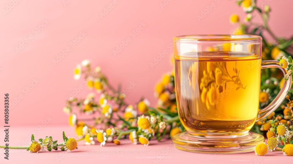 A cup of tea on a table, surrounded by a yellow flower bundle against a pink backdrop A cup of tea on a table, surrounded by a yellow flower bundle against a pink backdrop