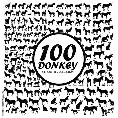 A set of 100 detailed high quality vactor donkey silhouettes in white backgraund.