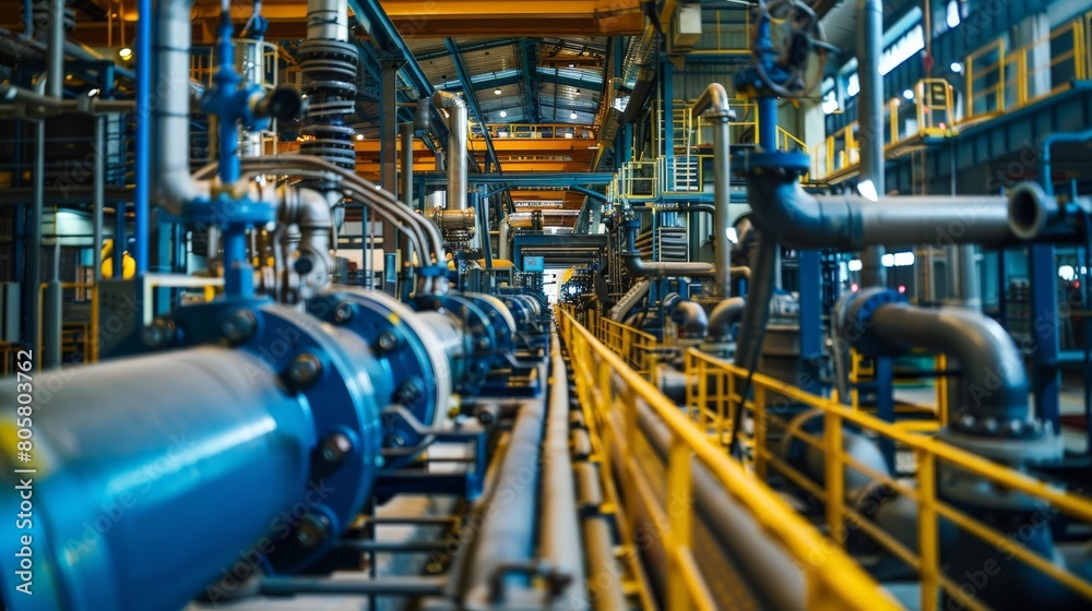 Wide-angle view of a modern factory where steel pipelines and valves are integrated into automated production lines
