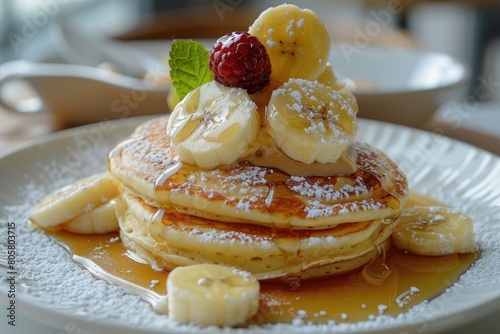 Delicious pancakes with with banana and vanilla ice cream, sweet syrup. The cake is decorated with Cookies alfajores - a traditional dessert from Latin America,Argentina or Mexico