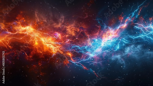 The image shows a colorful and vibrant nebula in space, with bright red, orange, blue, and purple hues. photo