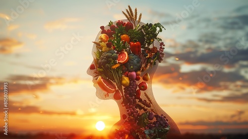 A 3D image of a human silhouette filled with an intricate mosaic of fruits, vegetables, and wheat, symbolizing internal health and diversity in nutrition photo