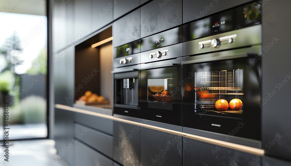 detailed digital rendering in photorealistic style depicting a modern kitchen with sleek energy-efficient appliances viewed from the rear Highlight the subtle reflections and intricate design detailed digital rendering in photorealistic style depicting a modern kitchen with sleek energy-efficient appliances viewed from the rear Highlight the subtle reflections and intricate design