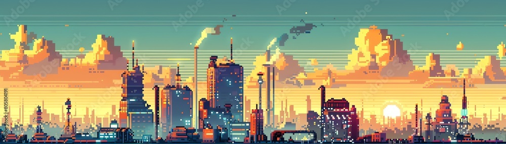 pixel art composition featuring a futuristic city skyline with solar-powered buildings, emphasizing the rear view perspective Utilize a dynamic color palette and intricate pixel details to br