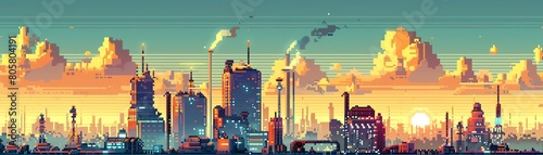 pixel art composition featuring a futuristic city skyline with solar-powered buildings, emphasizing the rear view perspective Utilize a dynamic color palette and intricate pixel details to br