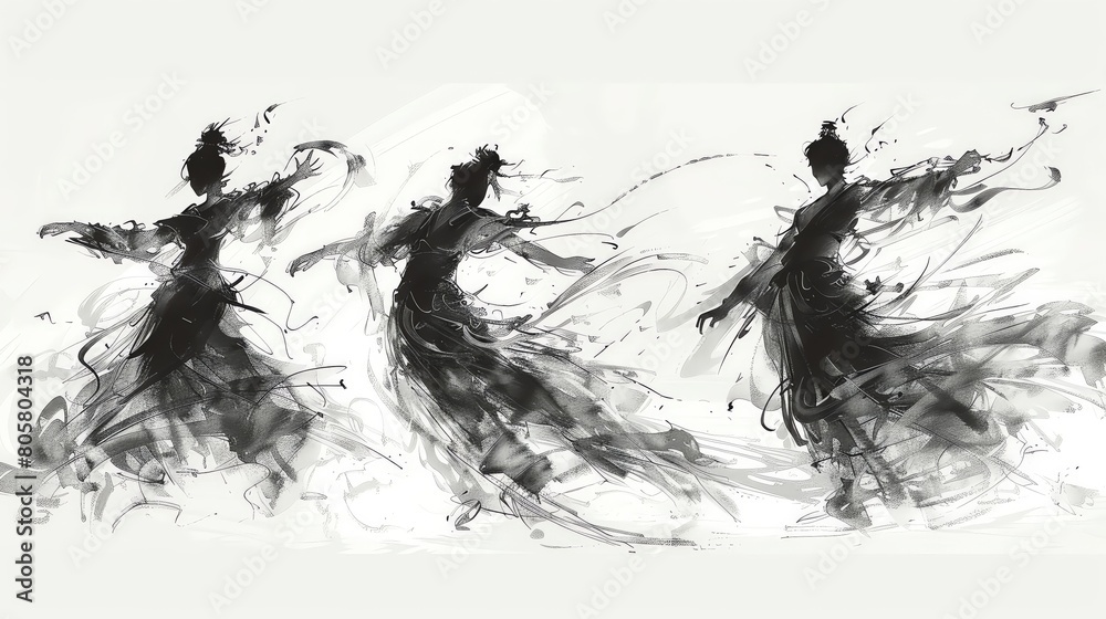 intricate movements of traditional dances with a pen and ink drawing using a tilted angle view Emphasize the details and fluidity of the dancers motions with precise lines and shading intricate movements of traditional dances with a pen and ink drawing using a tilted angle view Emphasize the details and fluidity of the dancers motions with precise lines and shading