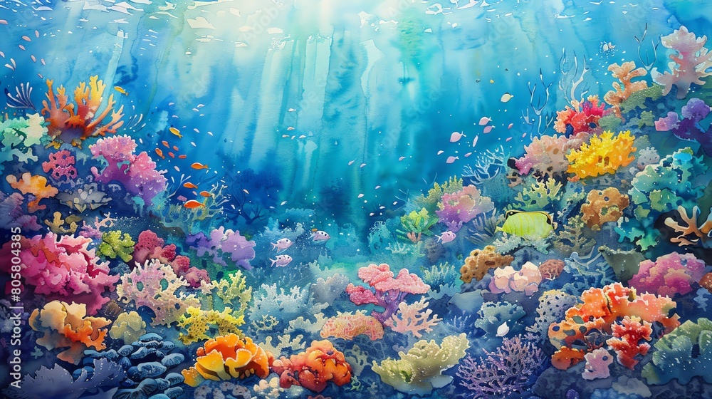 Showcase a stunning Aerial perspective of a vibrant coral reef teeming with exotic marine life, using vibrant watercolor medium to convey the tropical essence