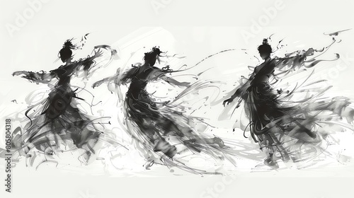 intricate movements of traditional dances with a pen and ink drawing using a tilted angle view Emphasize the details and fluidity of the dancers motions with precise lines and shading