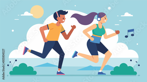 Two best friends hustling through a morning run pushing each other to reach their fitness goals while adding energetic songs to their workout Vector illustration