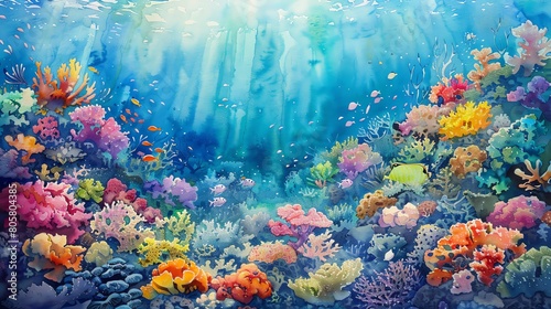 Showcase a stunning Aerial perspective of a vibrant coral reef teeming with exotic marine life  using vibrant watercolor medium to convey the tropical essence
