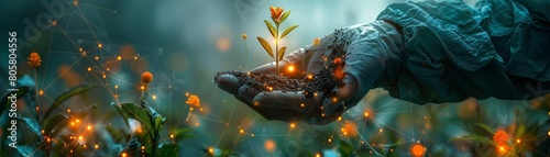 Hands Cultivating Young Plant in a Luminous Environment photo