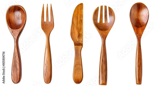 wooden kitchen utensils on white background 