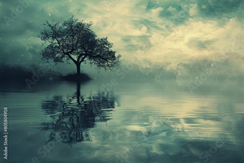 Lone Tree Reflecting on a Misty Lake 