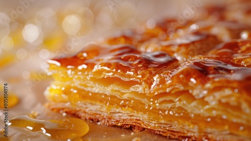 A closeup of a dessert pie on a table, possibly a Galaktoboureko or Banitsa photo