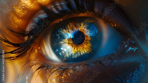 eye of the person with yellow and blue lens