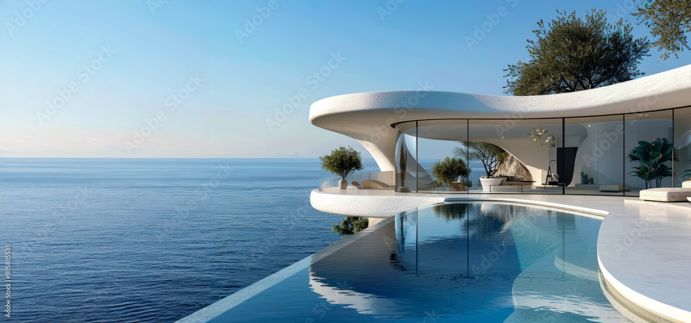 Fototapeta premium A large white house with a pool and a balcony overlooking the ocean