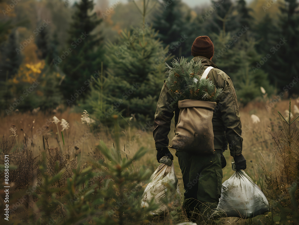 Rear view of a forest ranger with a bag full of seedlings for reforestation. Man working in forest for sustainable afforestation.