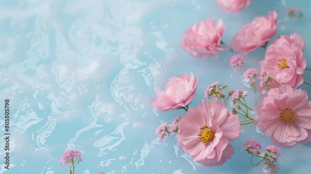   A cluster of pink blooms hovering above a tranquil blue pond, disturbed slightly by ripples at the water's depth