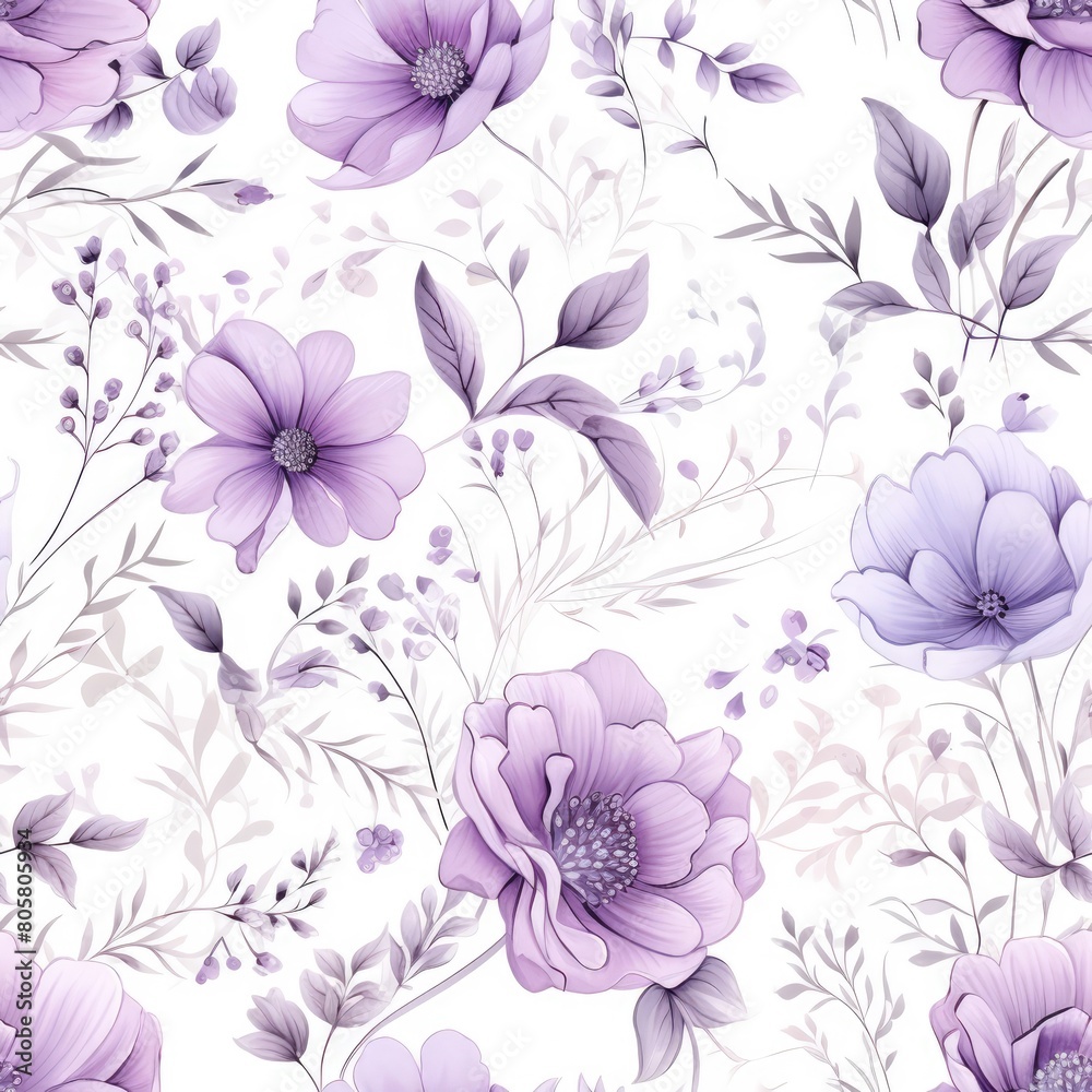 watercolor pastel purple floral pattern On white background.
